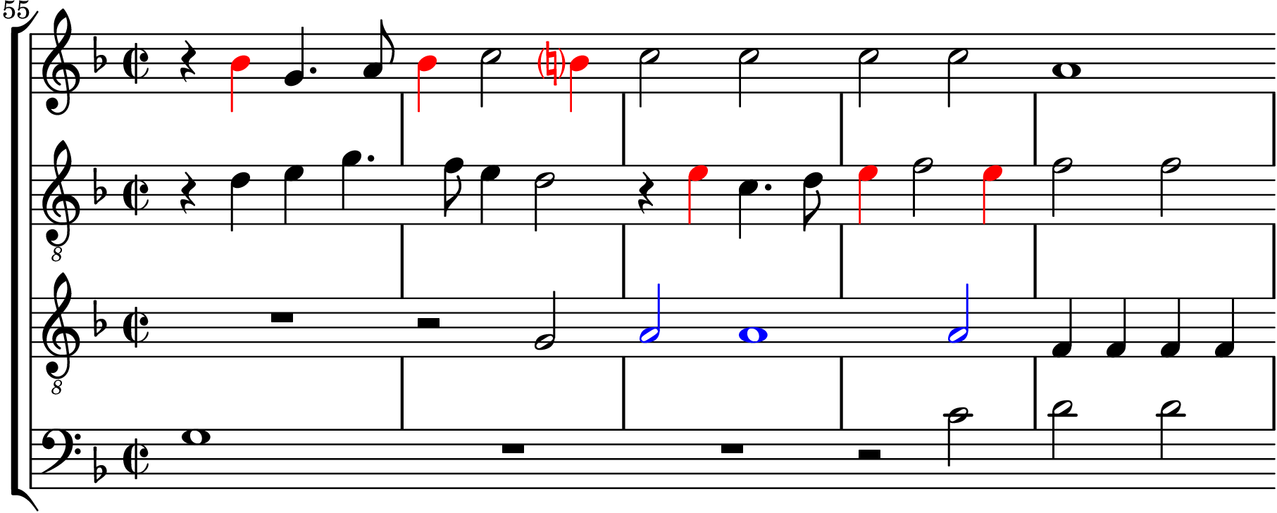 Figure 3: La Rue, Missa O salutaris hostia, Et in terra, bar 55-59. The harmonic NTPS are in red, while the notes which impose harmonic constraints on the NTPs are in blue.