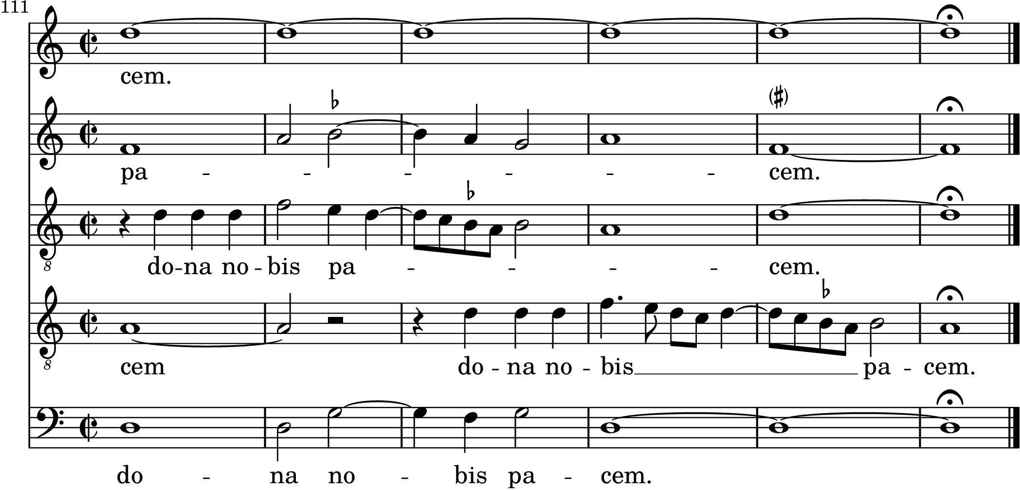 Figure 8: The corrected ending of Sermisy&rsquo;s Missa Philomena. Click for audio.