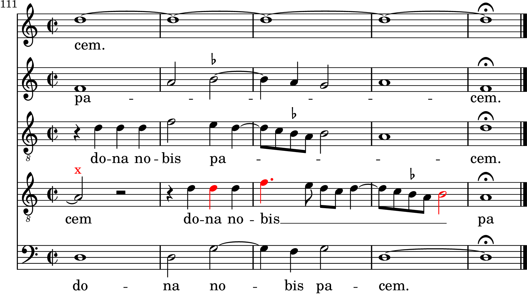 Figure 5: The ending of Sermisy&rsquo;s Missa Philomena as printed in the Sermisy complete edition. Click for audio.