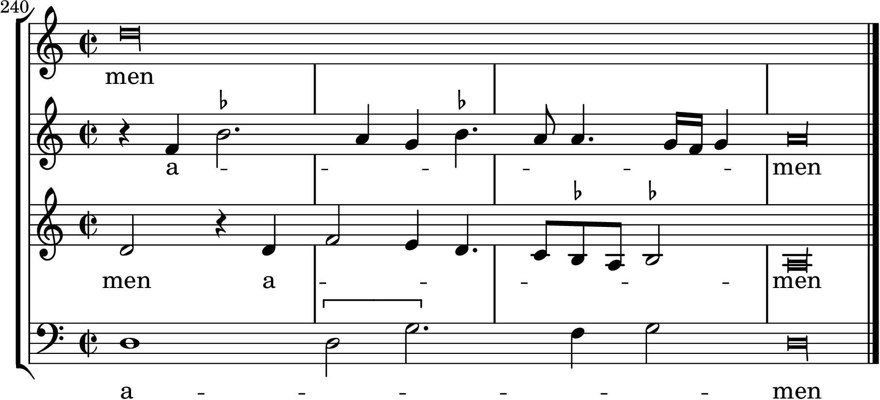 Figure 1: Plagal extension at the end of the Credo of Verdelot&rsquo;s Missa Philomena, from Verdelot Opera Omnia, Vol 1. pp 17. Click for audio.